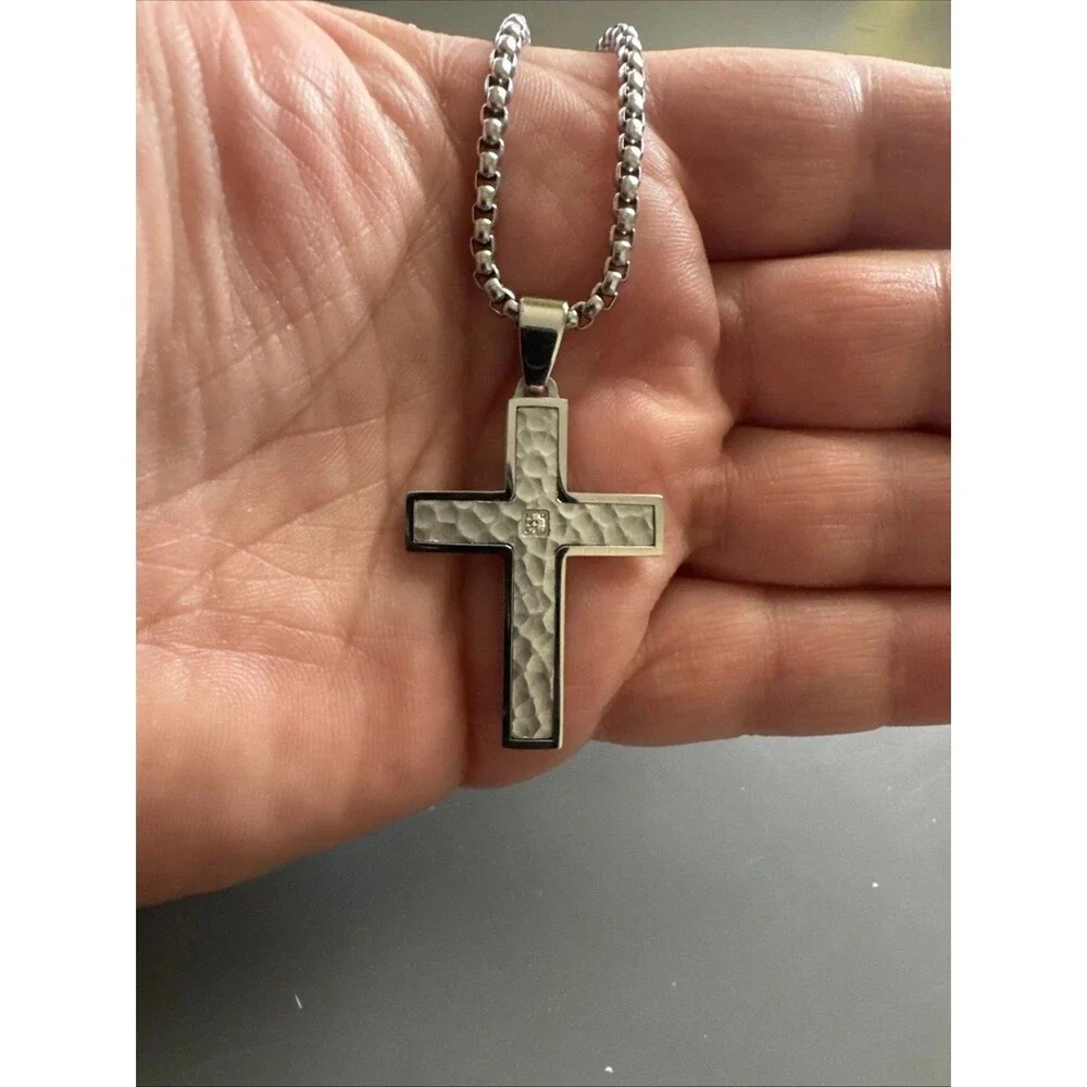 Cross Pendant Center Cubic Zirconia Stainless Steel 24” Chain Necklace Unisex